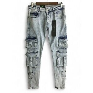 Monocloth Jeans Mens 30 Acid Wash Cargo Slim Fit Button Fly Skate 2Y Denim NEW